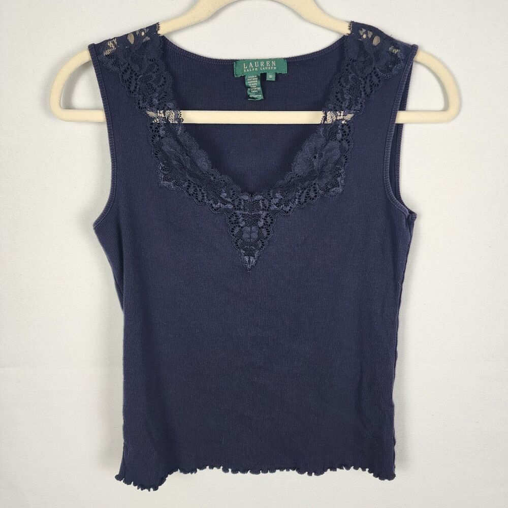 Lauren Ralph Lauren Ribbed Tank Top Lace Size Medium Navy Blue Y2K 90s Lettuce